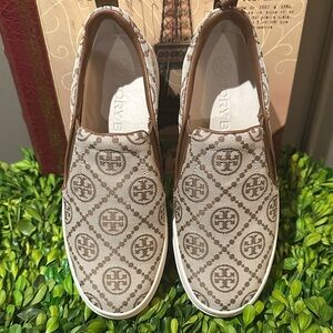 Tory Burch Beige Logo Slip-On Sneakers